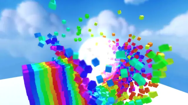 Στιγμιότυπο από το CUBE Physics Simulation: Χρωματιστοί κύβοι που σκορπίζουν στον αέρα σε προσομοίωση φυσικής